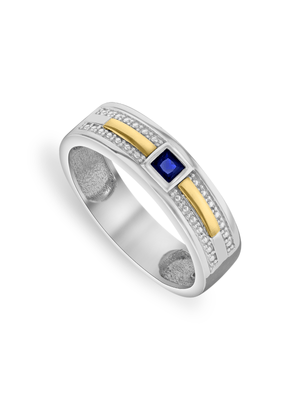 Yellow Gold & Sterling Silver Created Blue Sapphire Men's Wedding Band