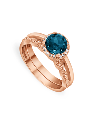 Rose Gold London Blue Topaz & Diamond Round Halo Twinset Ring