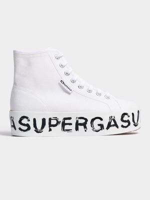 Womens Superga 2708 Paint Lettering White/Black Hi Top Sneakers