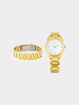 Tempo Men’s Gold Plated Bracelet Watch & Bracelet Set