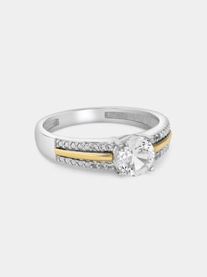 Yellow Gold & Sterling Silver Diamond & Created Sapphire Round Pavé Split Ring