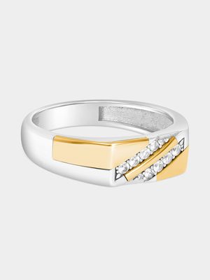Yellow Gold & Sterling Silver Diamond Double Diagonal Ring