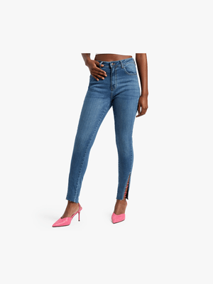 Women's Light Wash Straight Leg Jeans with Crop Front Slit Detail
