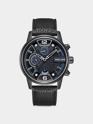 Police Lanshu Gunmetal Plated Blue & Black Dial Black Leather Watch