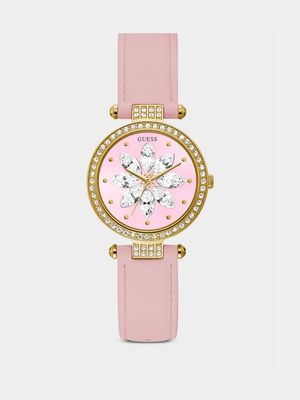Guess Women’s Full Bloom Gold Plated Stainless Steel Pink Leather Watch