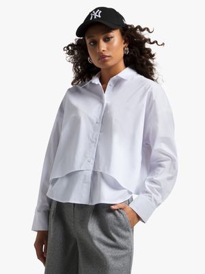 Women's White Oversized Shirt With Curved Hem