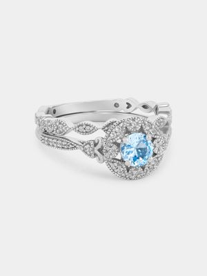 Sterling Silver Diamond & Created Aquamarine Round Halo Twinset Ring