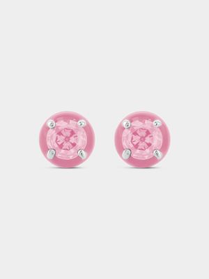 Sterling Silver Pink Cubic Zirconia Enamel Stud Earrings