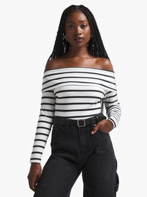 Women's Black & White Striped Bardot Top
