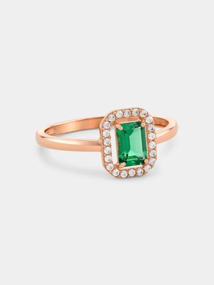 Rose Gold, Green Cubic Zirconia  Square Halo Ring
