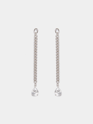 Rhodium Plated Chain Drop with Pear CZ Earrings