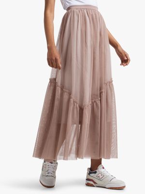 Women's Taupe Asymmetrical Tulle Skirt
