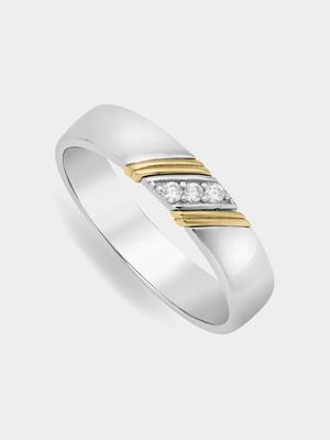 Yelow Gold and Silver Double Men's Diagonal stripe Cubic Zirconia ring