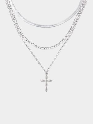 Men's Silver Layered Snake Chain With Cross