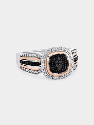 Rose Gold & Sterling Silver Black & White Diamond & Created Sapphire Cushion Halo Ring