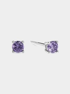 Sterling Silver Lilac Cubic Zirconia Kid's Round Stud Earrings