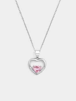 Sterling Silver Pink Cubic Zirconia Heart In Heart Pendant