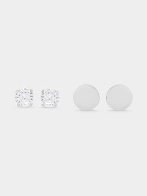 2pk Stainless Steel 8mm Flat Round & 5mm White CZ studs