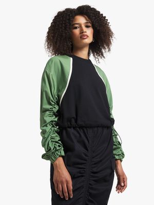 Women's Black Fleece Sweat Top With Contrast Sleeves