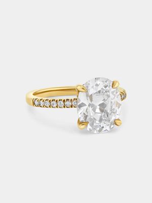 Yellow Gold & 4ct Created White Sapphire Secret Halo Oval Solitaire Ring