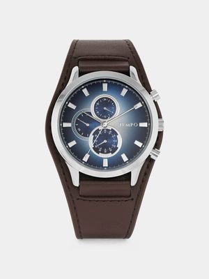 Tempo Men’s Silver Plated Navy Dial Chronographic Brown Leather Watch