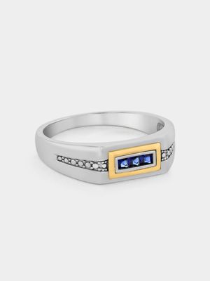 Silver & Yellow Gold Created Blue Sapphire Men's Ring