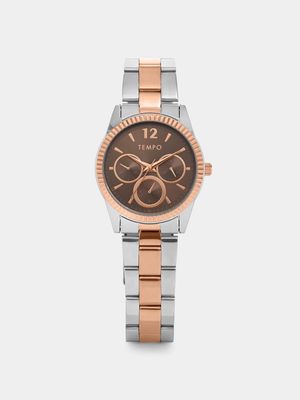 Tempo Women’s Silver & Rose Plated Coin Edge Brown Dial Bracelet Watch