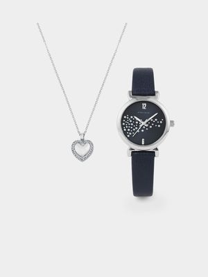 Minx Women’s Silver Plated Blue Faux Leather Watch & Heart Pendant Set