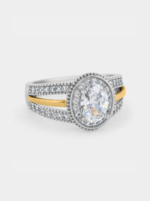 Yellow Gold & Sterling Silver, Cubic Zirconia Oval Halo Ring