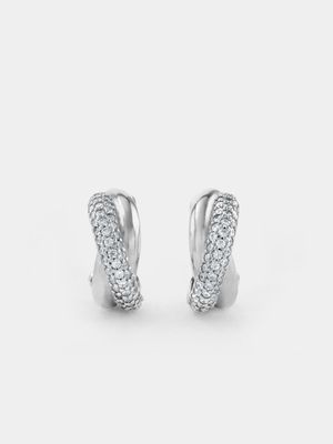 Sterling Silver Cubic Zirconia Pavé Twist Women’s Half Hoop Earrings