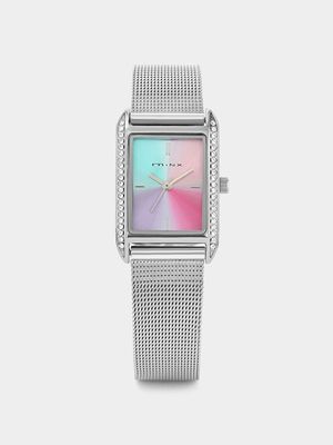 Minx Silver Plated Square Multicoloured Dial Mesh Watch