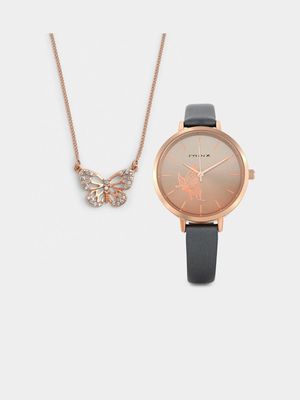 Minx Rose Plated Grey Leather Watch & Butterfly Necklet Set