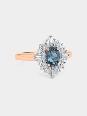 Rose Gold 0.28ct Diamond & London Blue Topaz Oval Ballerina Ring