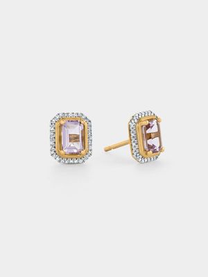 Yellow Gold Diamond & Pink Amethyst Emerald-Cut Halo Stud Earrings