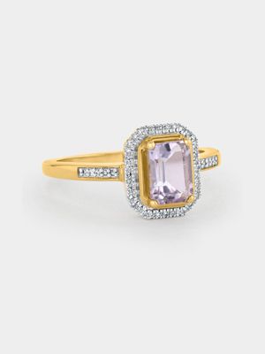 Yellow Gold 0.07ct Diamond & Pink Amethyst Emerald-Cut Halo Ring