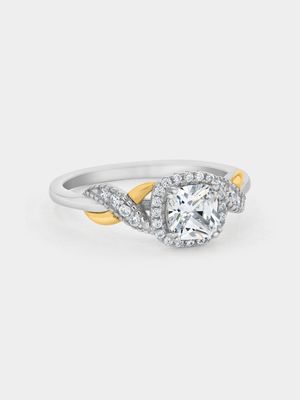 Yellow Gold & Sterling Silver, Cubic Zirconia Cushion-cut Halo Infinity Ring