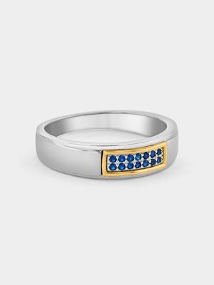 Yellow Gold & Sterling Silver,  Framed  Blue & White Cubic Zirconia Ring