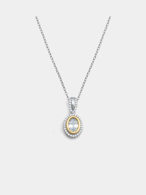 Yellow Gold Cubic Zirconia Oval Halo Pendant on chain