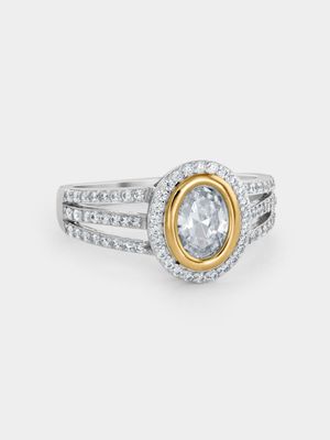 Yellow Gold & Sterling Silver, Cubic Zirconia Oval Halo Trip side design Ring