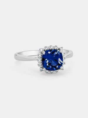 Sterling Silver Diamond & Created Blue Sapphire Cushion  Ring
