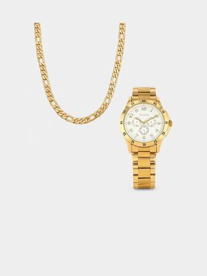 Tempo Men’s Gold Plated Silver Dial Bracelet Watch & Chain Set