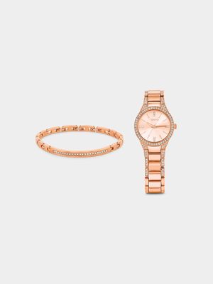Tempo Women’s Rose Plated Bracelet Watch & Bracelet Set