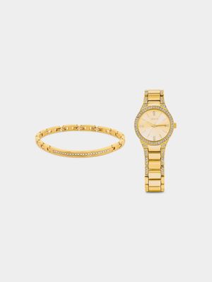 Tempo Women’s Gold Plated Bracelet Watch & Bracelet Set