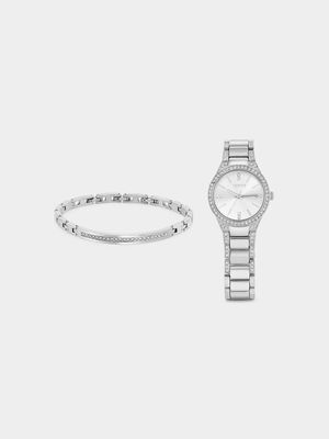Tempo Women’s Silver Plated Bracelet Watch & Bracelet Set