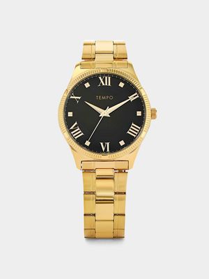 Tempo Men’s Black Dial Gold Plated Bracelet Watch