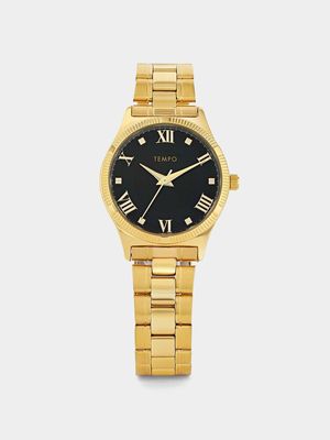 Tempo Women’s Black Dial Gold Plated Bracelet Watch