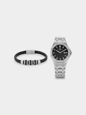 Ferro Men’s Silver Plated Black Dial Watch & Bracelet Set