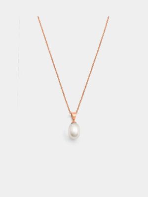 Rose Gold, Pink Oval 7mm Fresh Water Pearl Pendant on a 45cm Chain