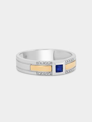 Yellow Gold & Sterling Silver Created Blue Sapphire Men's Wedding Band