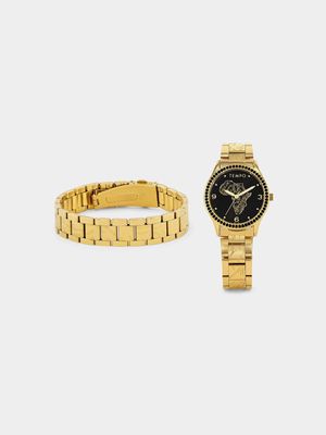 Tempo Women’s Gold Plated Africa Bracelet Watch & Bracelet Set